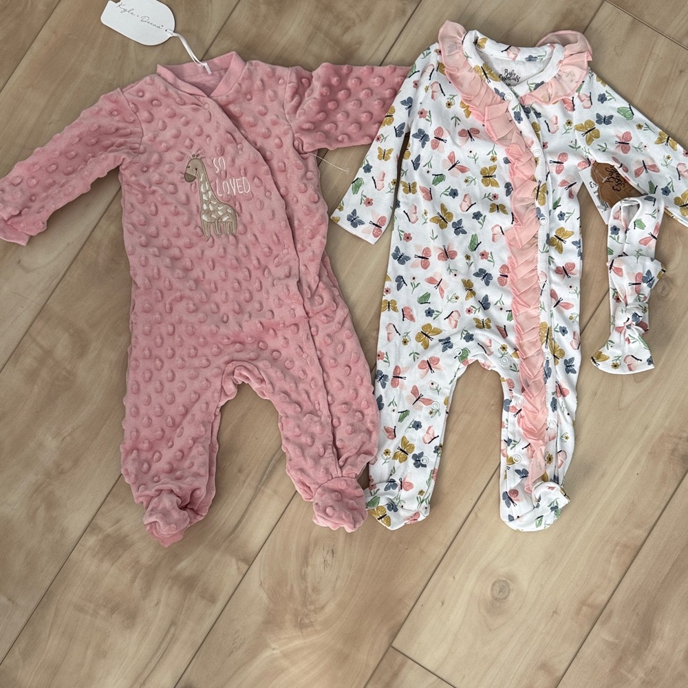 Baby Girl Pink and Floral Footed Pajamas Set Size 3-6 Months NWT